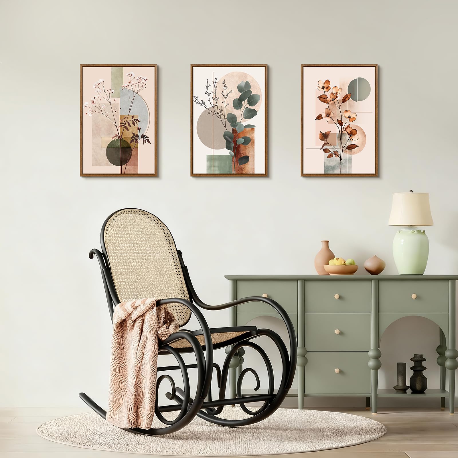 3 Pcs Beige Geométrico Plantas Floral Modernos Cuadros Decoracion Con Marcos, Botánico Algodón Eucalipto Hoja Cuadro y Láminas Lienzos Decorativos Hogar Para Comedor Salon Dormitorios 40X60cmx3Pcs