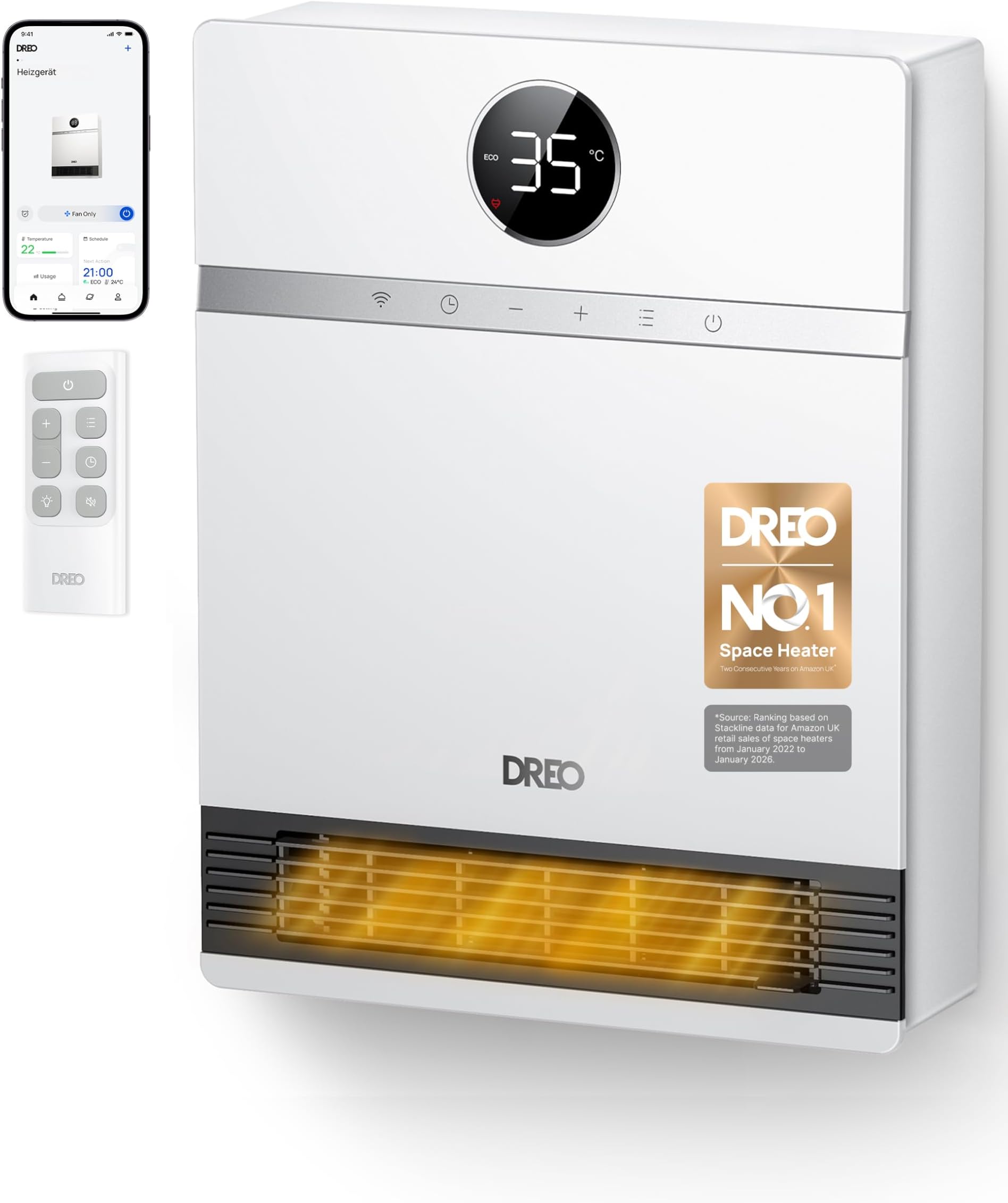 Dreo Smart Electric Wall Heater, 28dB Silent Ceramic Space Heaters for Home, Low Energy, 30° Oscillation, Adjustable Thermostat, 24H Timer, IP24 Wall Mounted for Bedroom, Works with Alexa