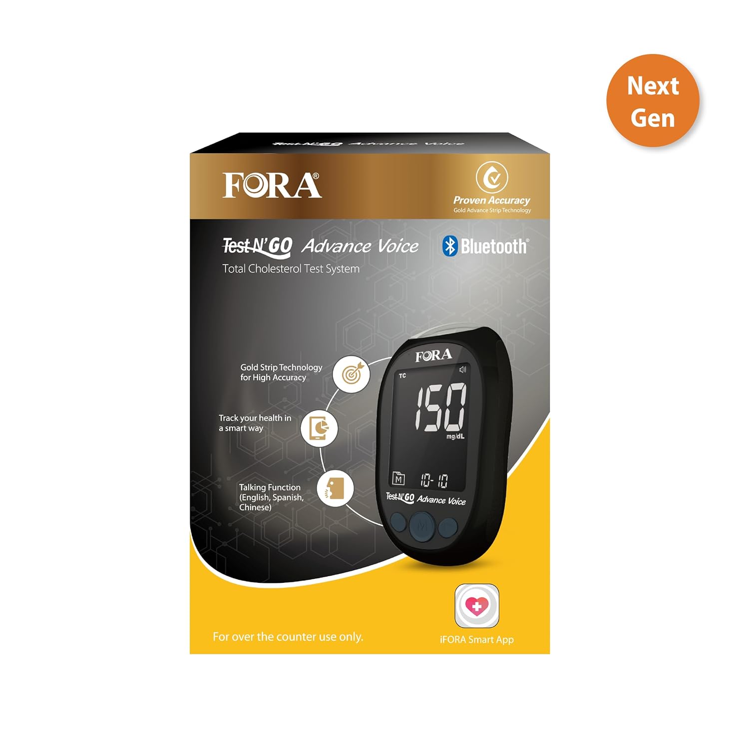 FORA Test N’GO Advance Voice Cholesterol Kit – 10 Total Cholesterol Strips + 10 Lancets | Bluetooth Meter (Optional App Sync) & Voice Guidance - Image 3