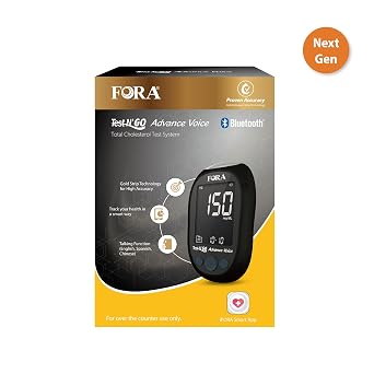 FORA Test NGO Advance Voice Cholesterol Kit 10 Total Cholesterol Strips + 10 Lancets | Bluetooth Meter (Optional App Sync) & Voice Guidance