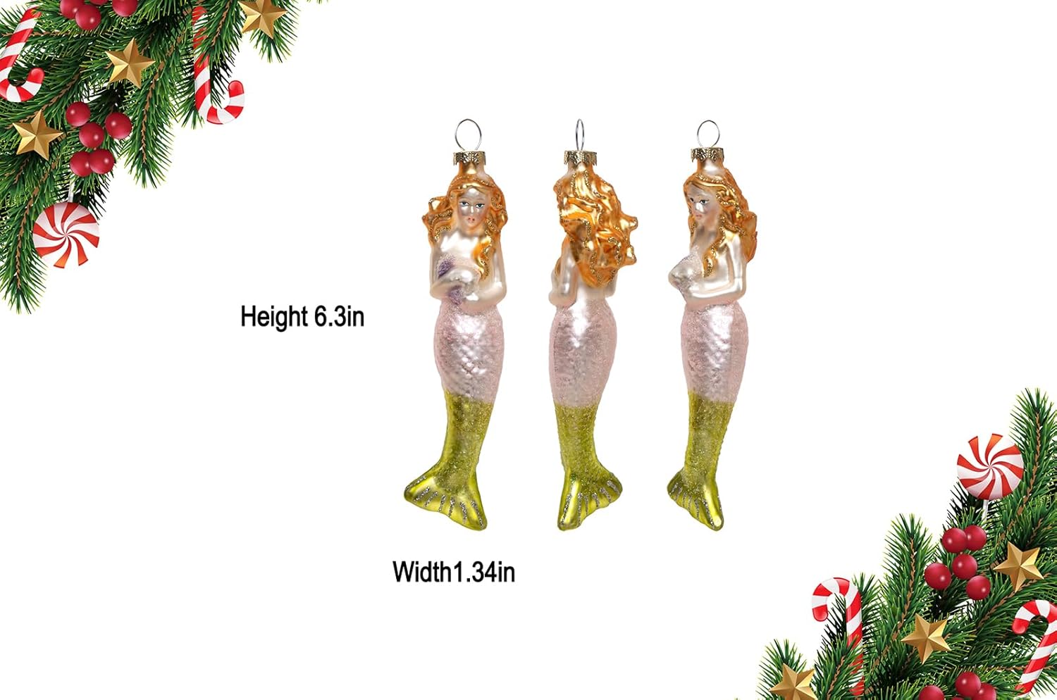 2 Count Glass Mermaid Christmas Ornament, Blown Glass Mermaid Ornaments for Christmas Tree - Image 3