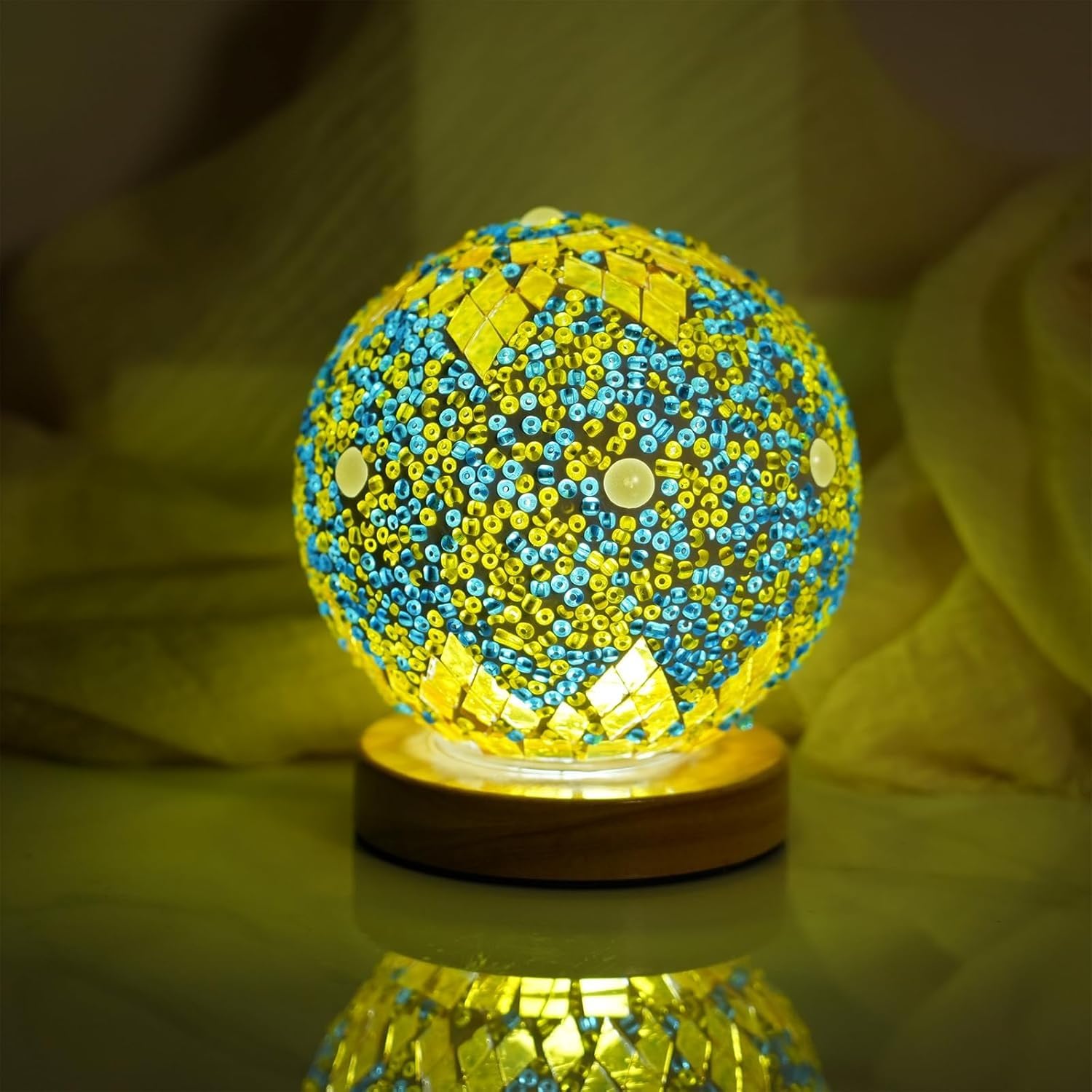 Morocco Yellow Mosaic Lamp Vintage Retro Stained Turkish Moroccan Bohemian Tiffany Bedside Colorful Handmade Glass with Wood Base USB Charge Decor Light for Bedroom Ambient Living Room Farmhouse