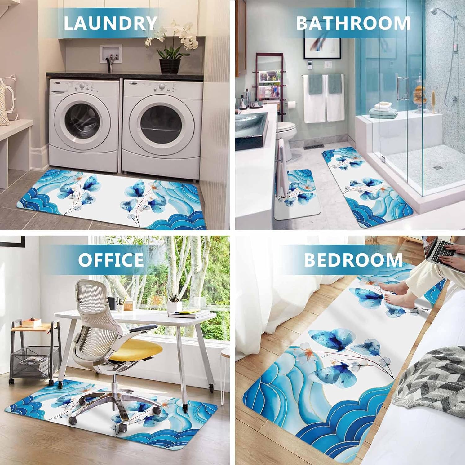 Blue Butterfly Kitchen Mat Set 2 Pieces Watercolor White Flowers Ocean Wave Modern Non Slip Kitchen Rugs Washable Runner Rug Mats for Floor Sink Laundry Office 15.7" x 23.6"+15.7" x 47.2"