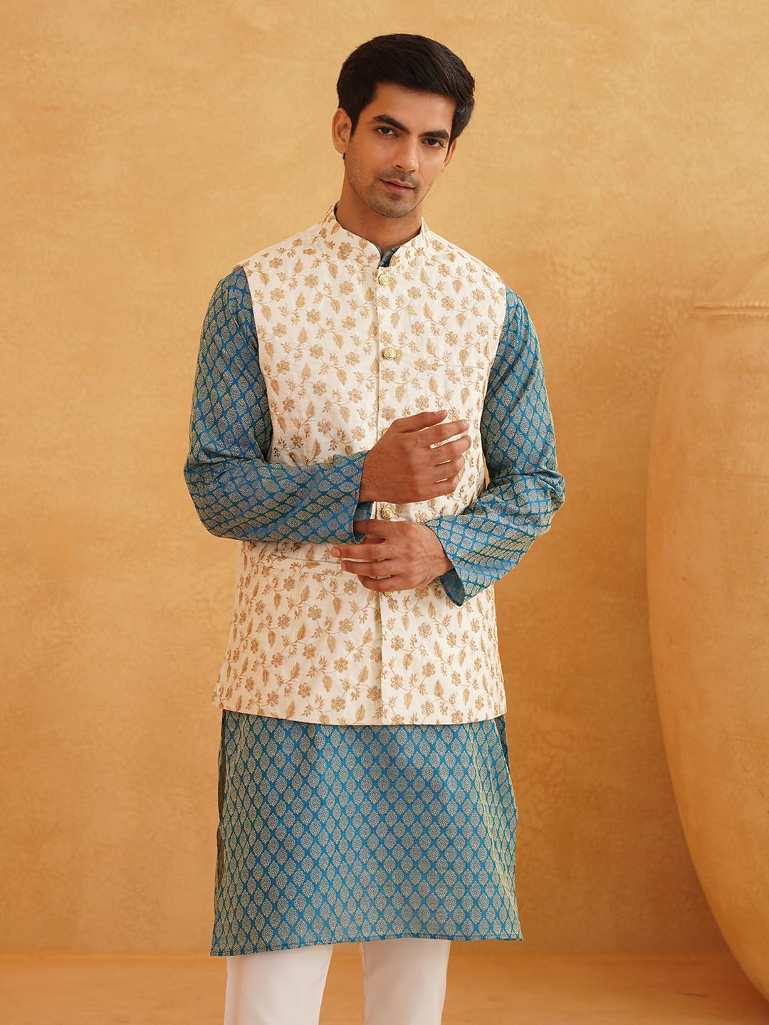 Sojanya (Since 1958 Men'S Silk Blend Peacock Blue Kurta With Pyjamas & Cream Nehru Jacket - Image 8