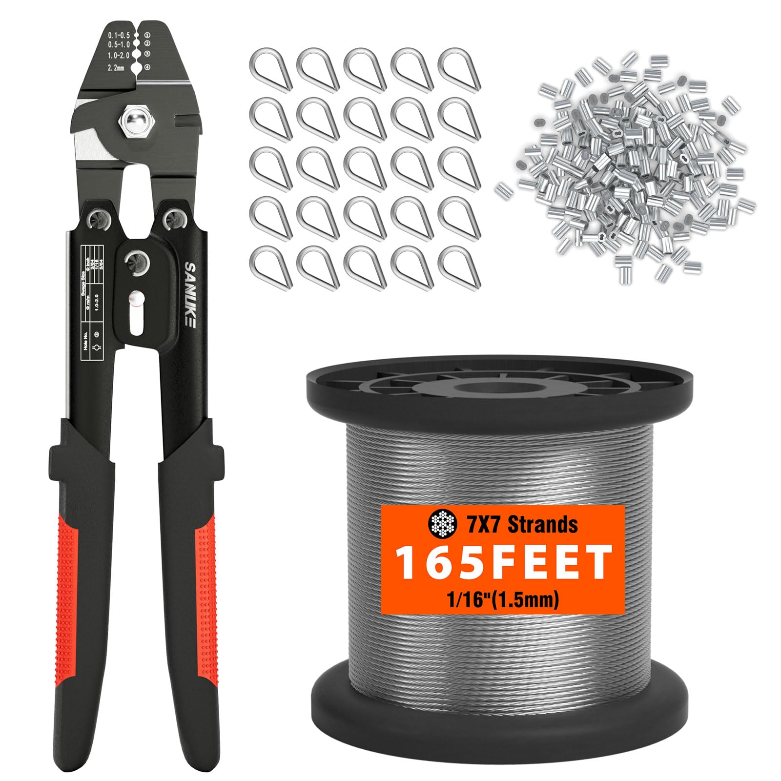 Sanuke Wire Rope Crimp Kit with 165ft 1/16 304 Stainless Steel Cable 7x7 Strand Core, 100PCS 1/16'' Aluminum Crimp Loop Sleeves and 25PCS M2 Wire Rope