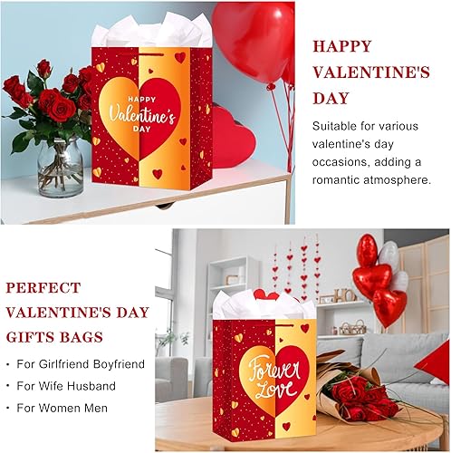 Miniatura 6 de WhatSign Bolsas de regalo para el día de San Valentín, bolsas de regalo grandes de 11.5 pulgadas con papel de seda y tarjeta, bolsas de regalo de