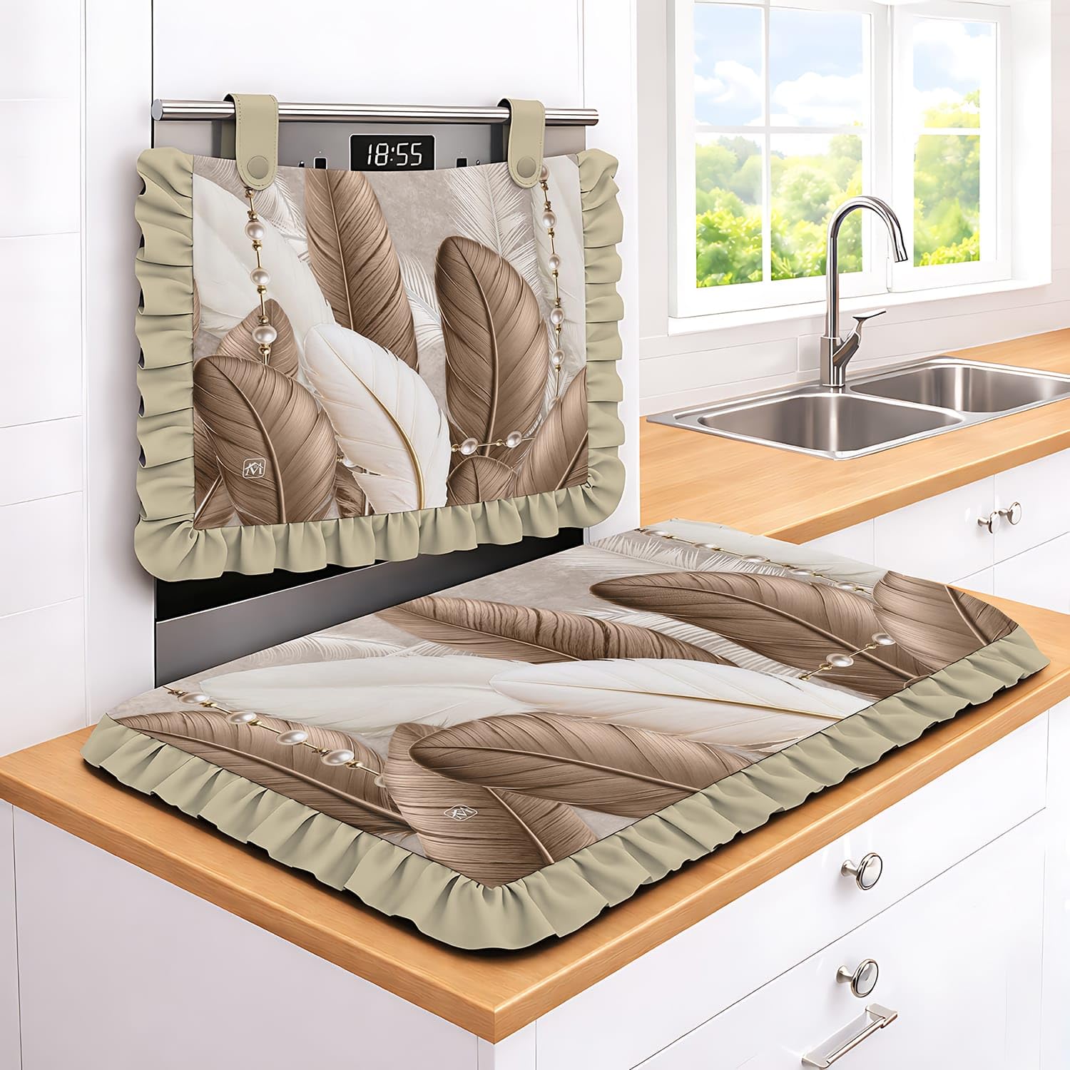 Set Cucina Copriforno 40x50 cm + Coprifornelli 46x70 100% microfibra anallergica Design Piume Tropicali Gocce Perle - Protezione Completa 5 Colori stampa digitale 4K Made in Italy (Beige)