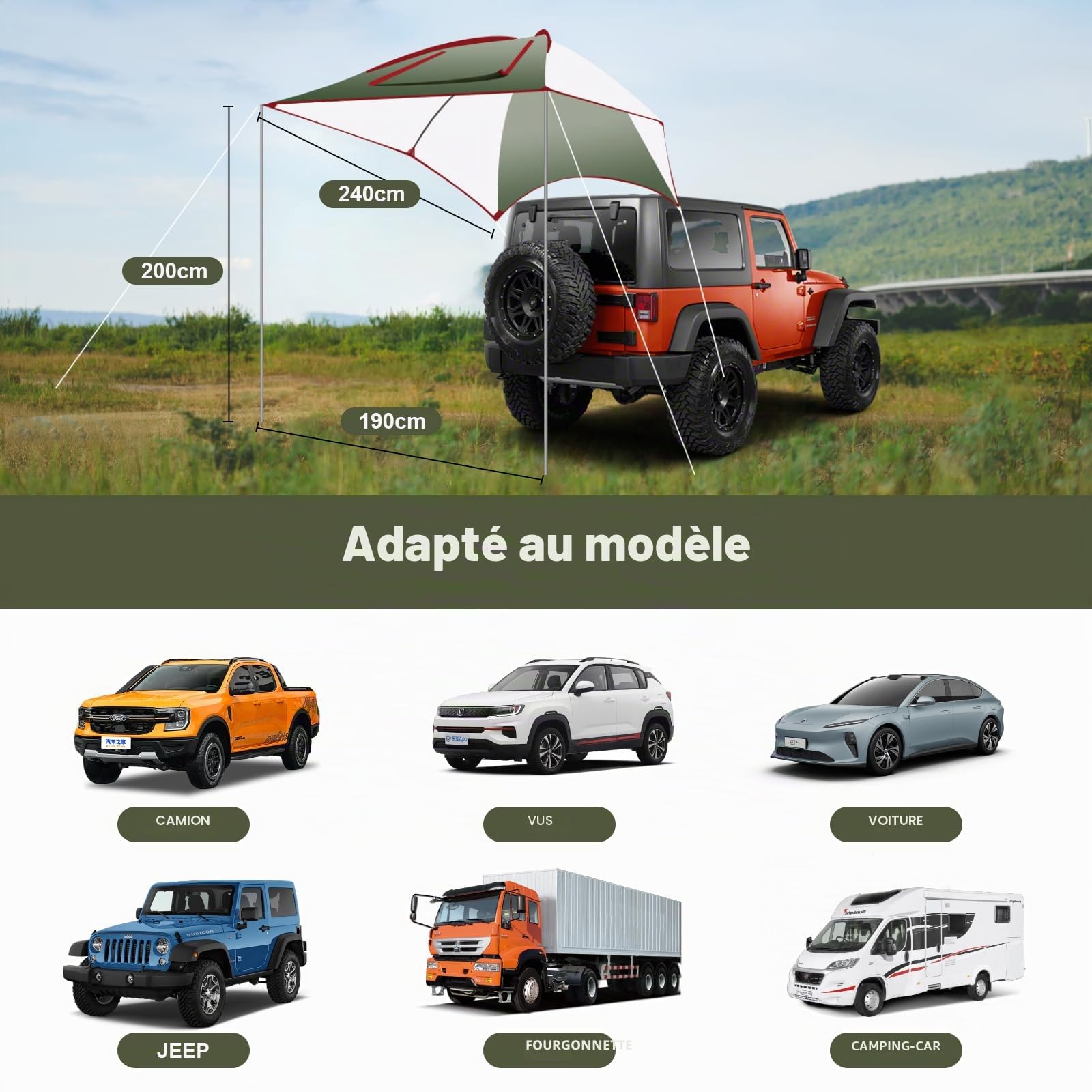 Auvent de Voiture pour Van, VUS, Camping-Car, Petit véhicule, Voiture, Camion, Tente de Camping, auvent latéral imperméable