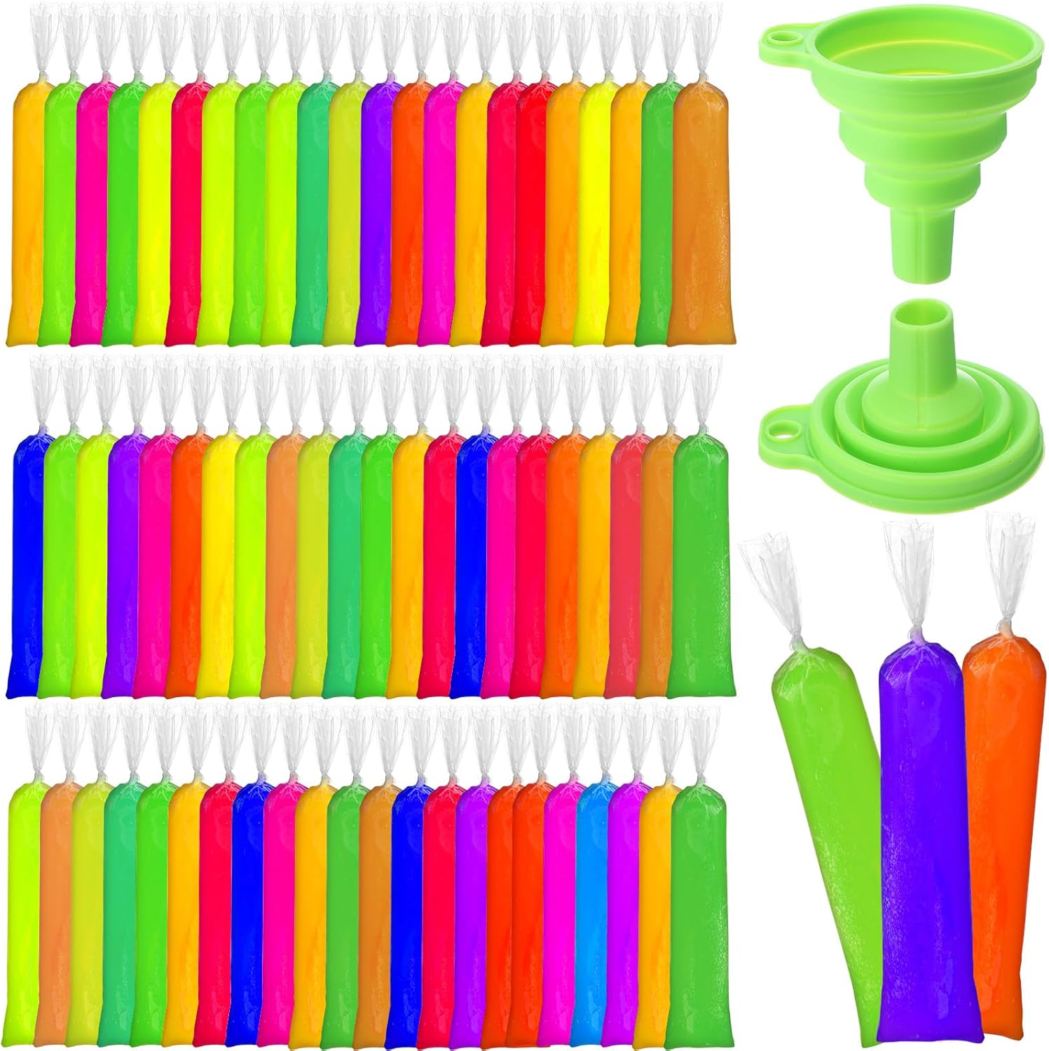Hoolerry 1500 Pcs Disposable Ice Lolly Bags Plastic Mold Ice Cream Bags with Silicone Foldable Funnel for Making Candy Yogurt Freeze Lolly (2 x 11.8 Inch)