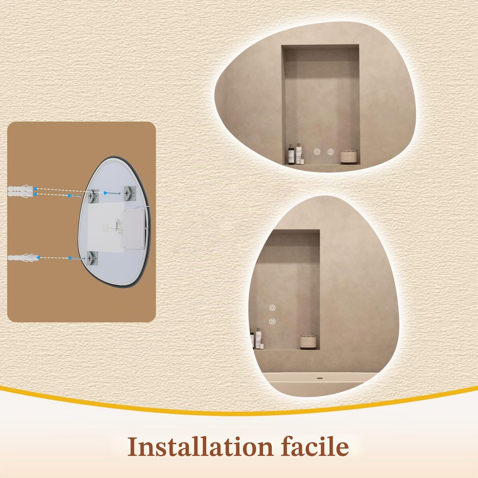 Clevich Miroir de Salle de Bain avec éclairage asymétrique 80 x 60 cm, Miroir LED avec 3 Couleurs de lumière à intensité Variable, Verre trempé, Interrupteur Tactile, Fonction mémoire, Anti-buée