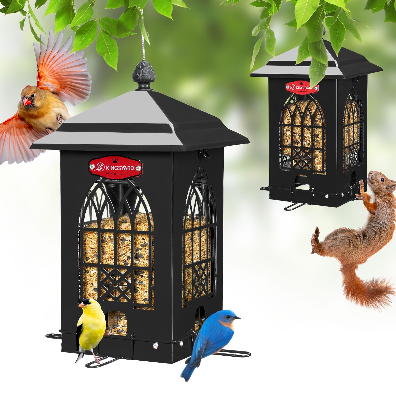 Kingsyard Squirrel Proof Bird Feeders for Outdoors with Weight-Activated Perches, 5 Lbs Capacity Large Metal Bird Feeder House for Small Wildbirds Cardinal Finch Bluebird, Weatherproof, Sequin Black