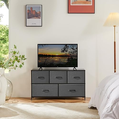Vista 54 de DUMOS Cómoda para dormitorio, 4 cajones, organizador de cofres altos de tela, muebles de torre con marco de metal superior de madera para sala