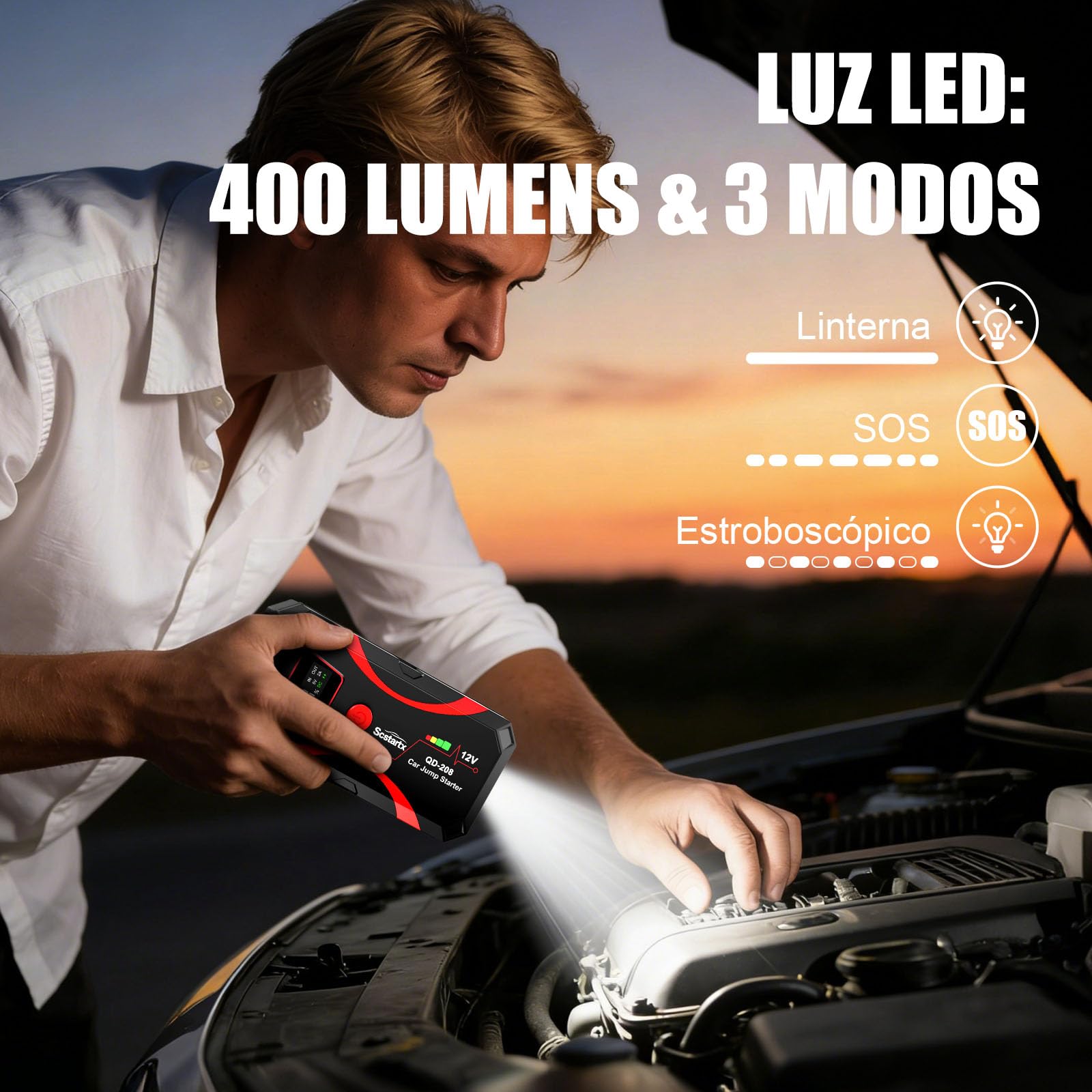 Arrancador de Batería para Coche, Batería Portátil 2000A de Corriente Máxima para Motocicletas y Vehículos de hasta 8L Gasolina y 6L Diésel, Linterna con 3 Modos y Puentes de Seguridad
