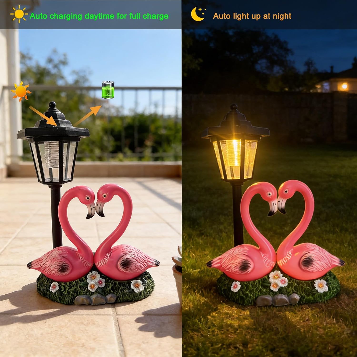Garden Flamingo Outdoor Statue with Solar Lantern Unique Double Head Flamingo Gifts for Women,Mom,Lover Outdoor Figurine for Yard, Patio, Balcony