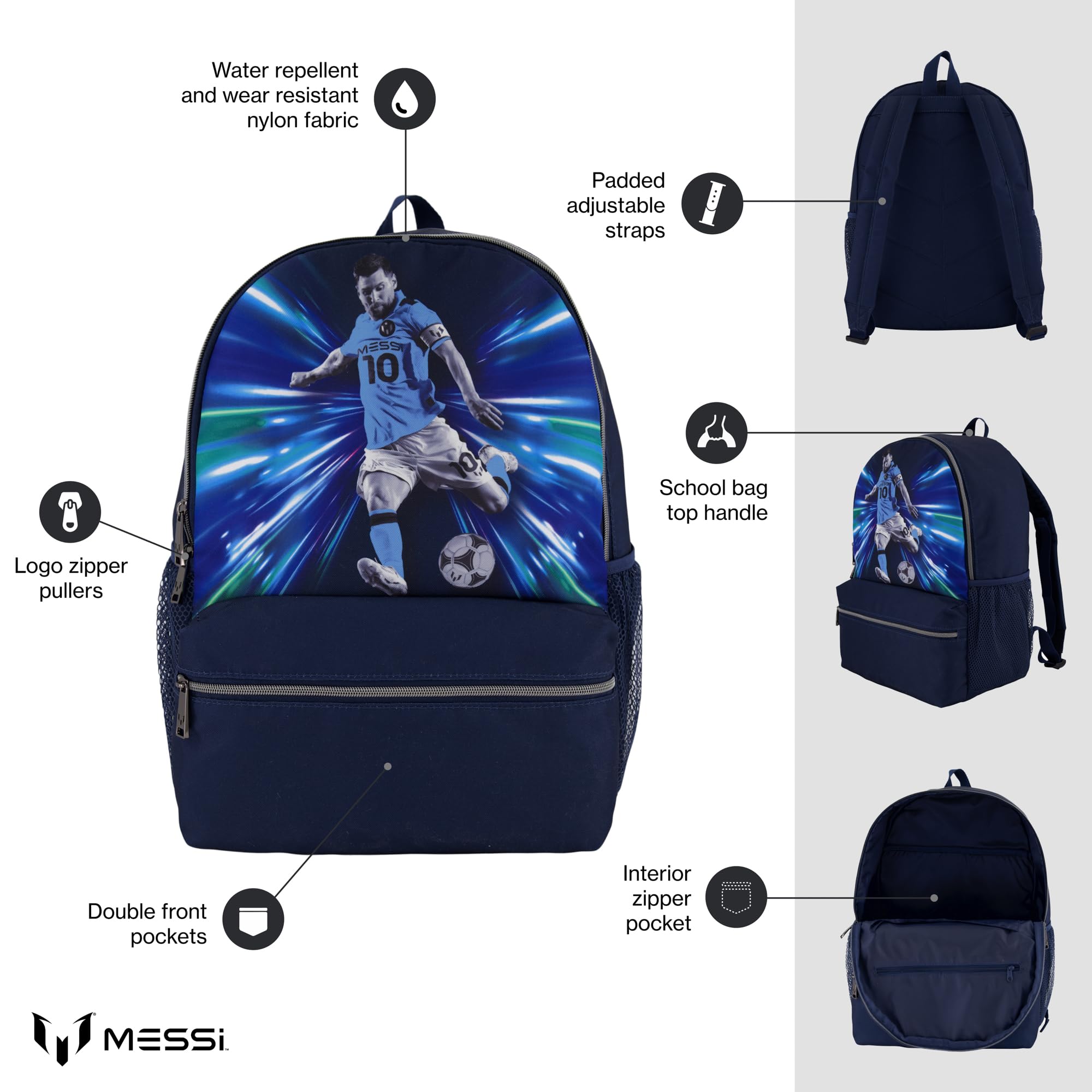 Messi Lifestyle Backpack, Bookbag with Pockets & Adjustable Straps