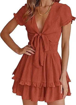 PRETTYGARDEN Women Summer Mini Short Dress 2025 Short Sleeve Casual Beach Vacation Sundress V Neck Tiered Sun Dresses