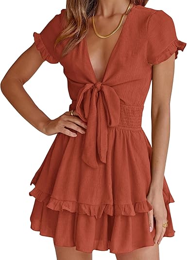 PRETTYGARDEN Women Summer Mini Short Dress 2025 Short Sleeve Casual Beach Vacation Sundress V Neck Tiered Sun Dresses