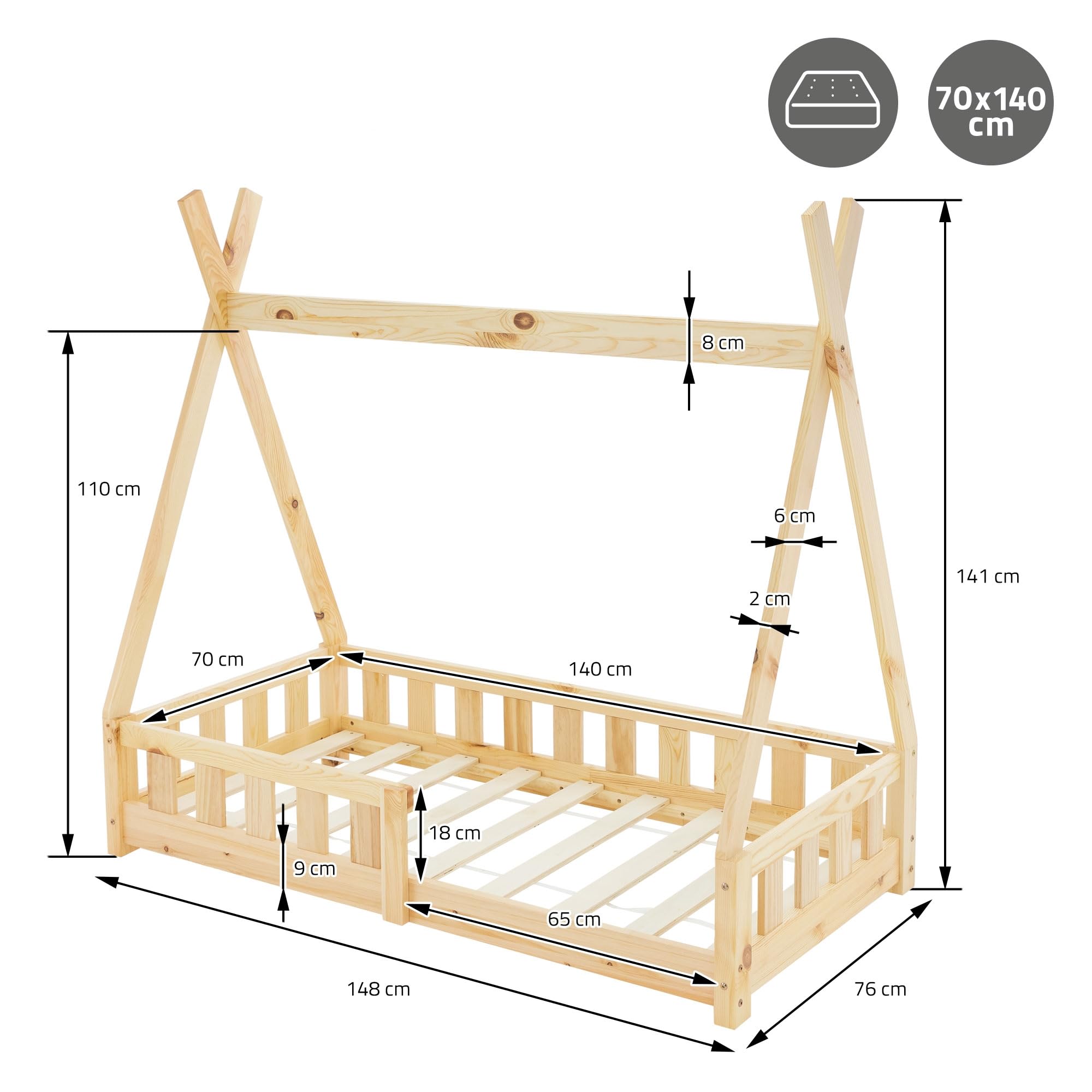 ML-Design Kinderbett Tipi 70x140 cm Natur mit Rausfallschutz und Lattenrost, Indianer Bett aus Kiefernholz für Mädchen & Jungen, Hausbett mit Zaun, Kinderhaus Bodenbett Jugendbett Spielbett Zelt