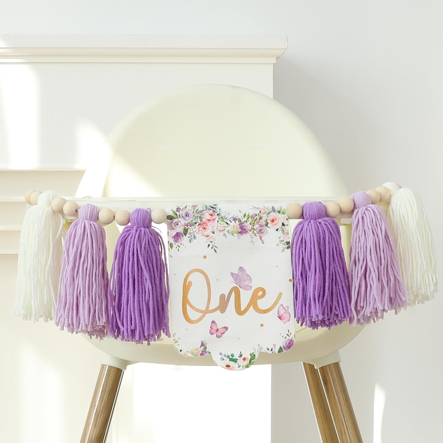 Handmade Butterfly Flower 1st Birthday High Chair Banner Purple Party Decoration For Girls Boys Wall Hangings Decorative