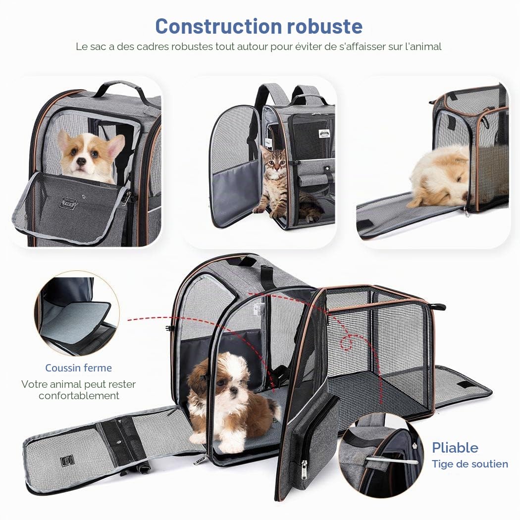 Sac Transport Chat avec 4 Entrées, pour Chien, Respirant - Sac a Dos avec Harnais Intérieur - Charge Maximale 8kg - Gris