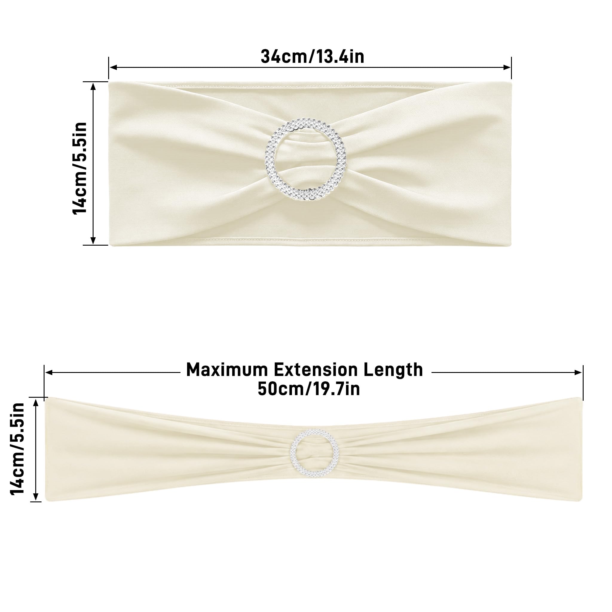 UISEBRT 100 Stück Elastische Stuhlschleifen mit Strass-Schnalle,Stuhl Bänder Spandex-Stuhlschärpe mit Diamant-Ring,Dehnbare Stuhlschleife für Hochzeit, Geburtstag, Party, Dekoration,Elfenbein