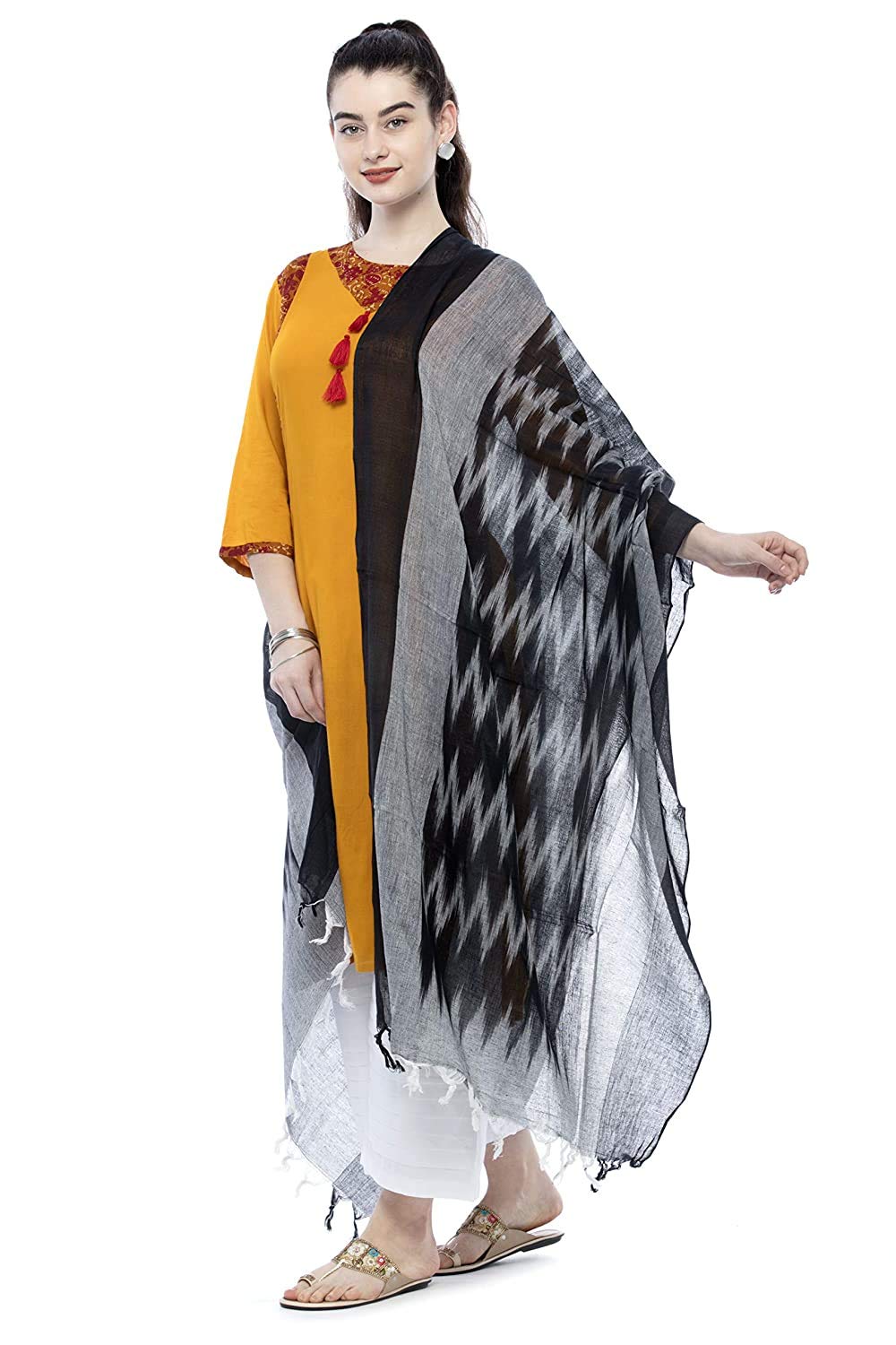Women's Ikkat Design Pure Cotton Dupatta Regular Wear(Black1)-image-46