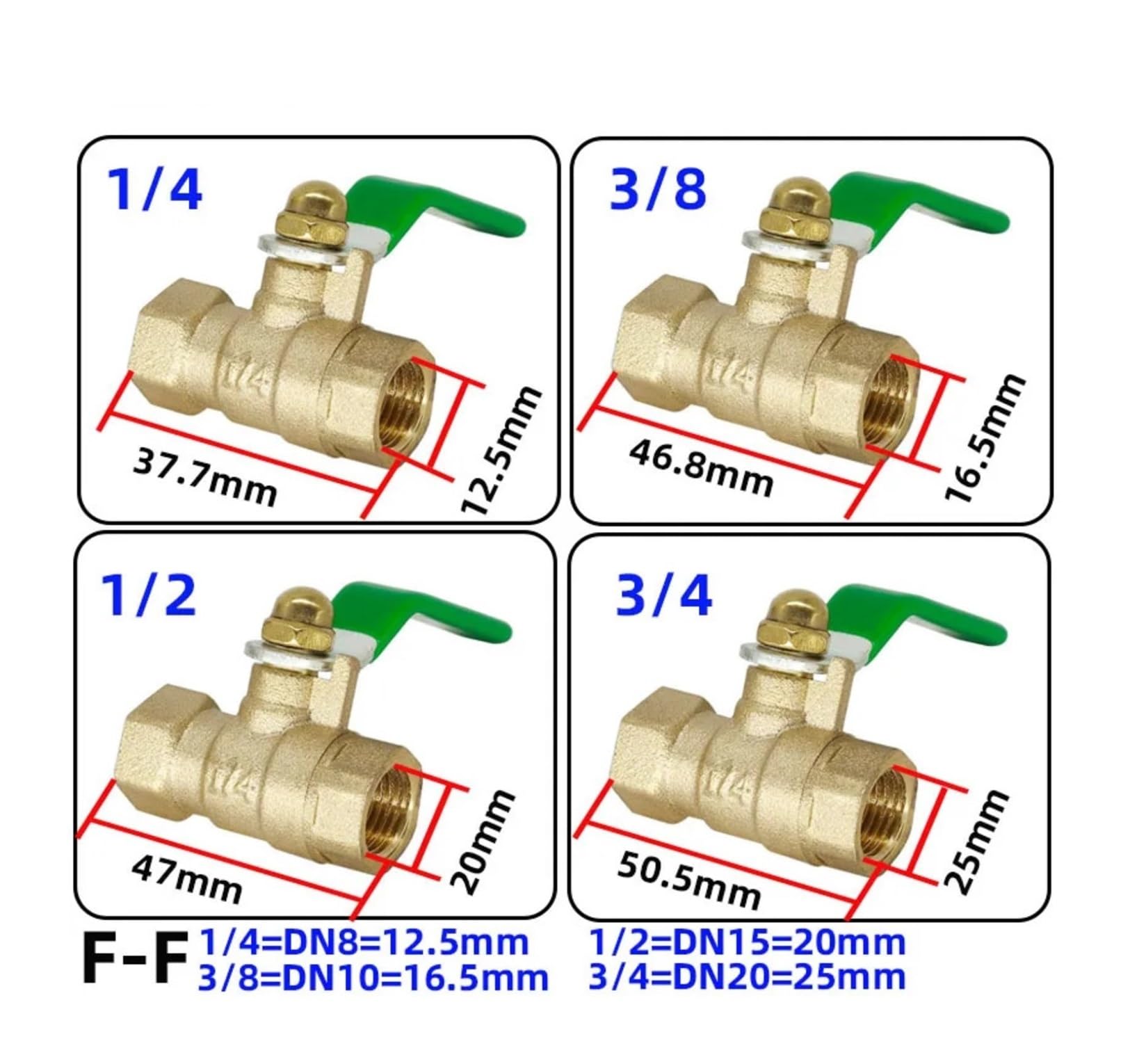 Valvola a sfera di intercettazione bidirezionale in ottone da 1/4“ 3/8” 1/2“ 3/4” femmina-femmina con maniglia(DN10,M-F)
