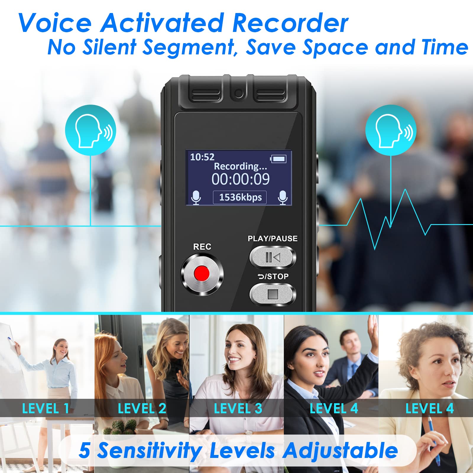 16GB Grabadora de Voz Activada Mini- 3072kbps Grabadora Voz Digital Portátil con Reproductor de MP3 y Contraseña, Dictáfono con Entrada de Micrófono y Línea para Reuniones, Conferencias Clases