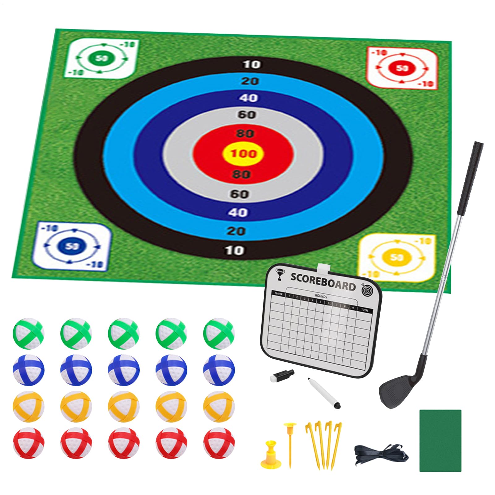 Zestaw samoprzylepnych mat golfowych z chipem, samoprzylepna mata uderzeniowa - dwustronny zestaw do gry w golfa z 20 piłkami - dla rodziny, golfistów, treningu i ćwiczeń wewnątrz i na zewnątrz