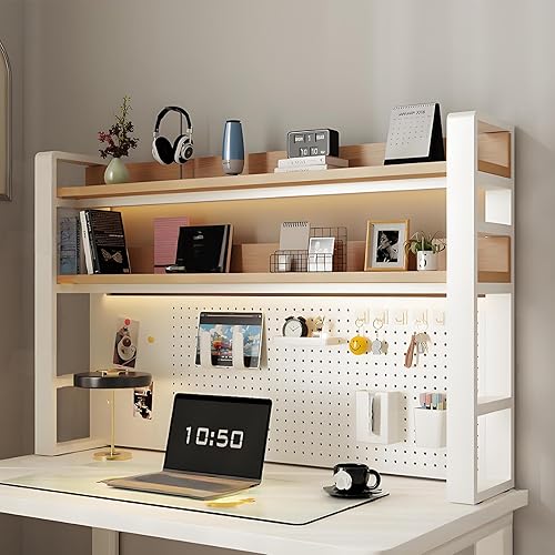 3/3 Tier Desk Hutch with Pegboard, Desk Shelf Organizer with Metal Frame, Space Saving Desktop Bookshelf, Desktop Shelf Organizer Display Rack for Study Table, Home, Off White+Wood 61×10×37"(3-Tiers) - White+wood - 61×10×37"(3-Tiers)