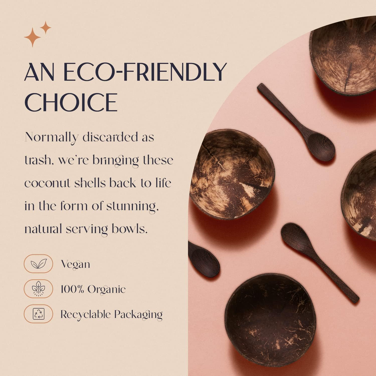 Coconut Bowl Set with Wooden Spoons – White Elephant Gifts For Adults, Christmas Gifts. Eco-Friendly Acai Bowls, Yogurt Bowls & Smoothie Bowl – Ideal for Ninja Creami (4, Polished)