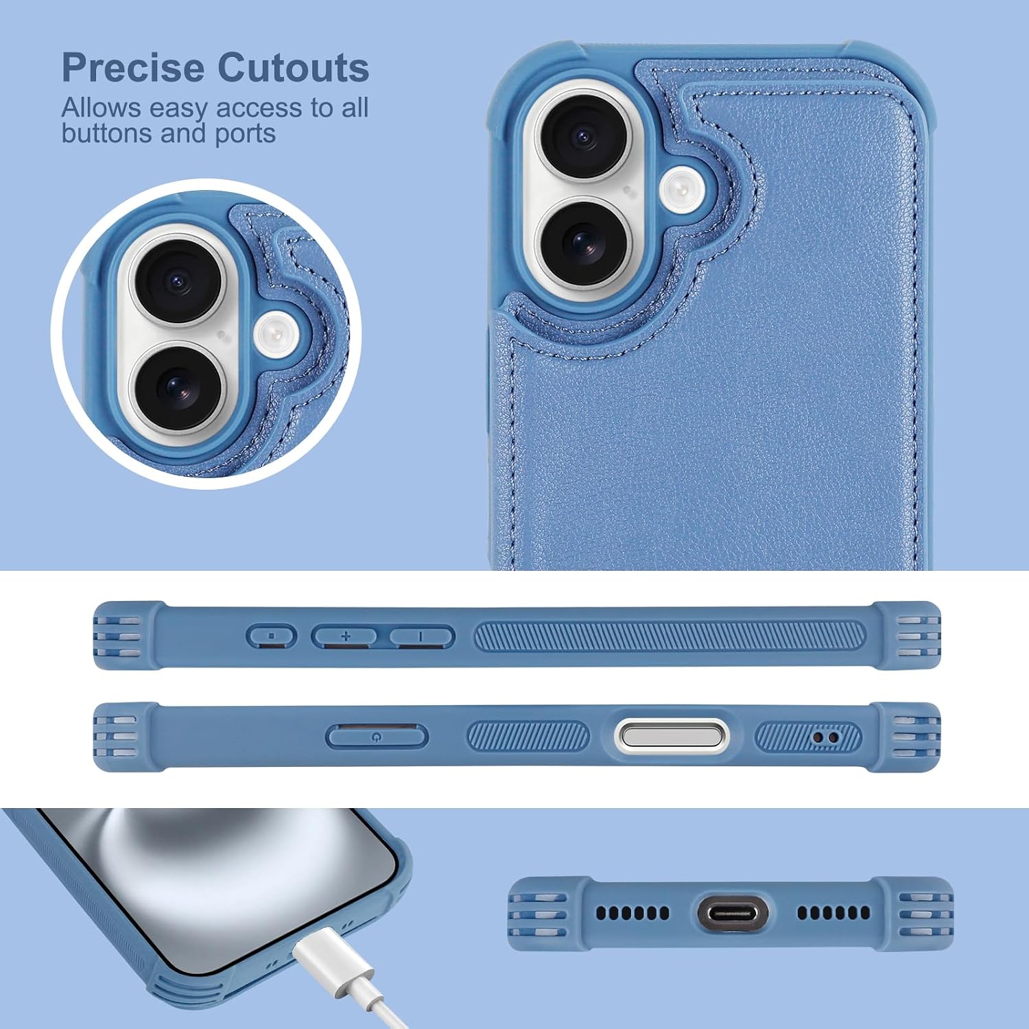 VANAVAGY Compatible for iPhone 16 Plus Wallet Case with RFID Blocking Card Holder, PU Leather Flip Cover Card Slots Magnetic Clasp Kickstand Case with Screen Camera Protector, Blue