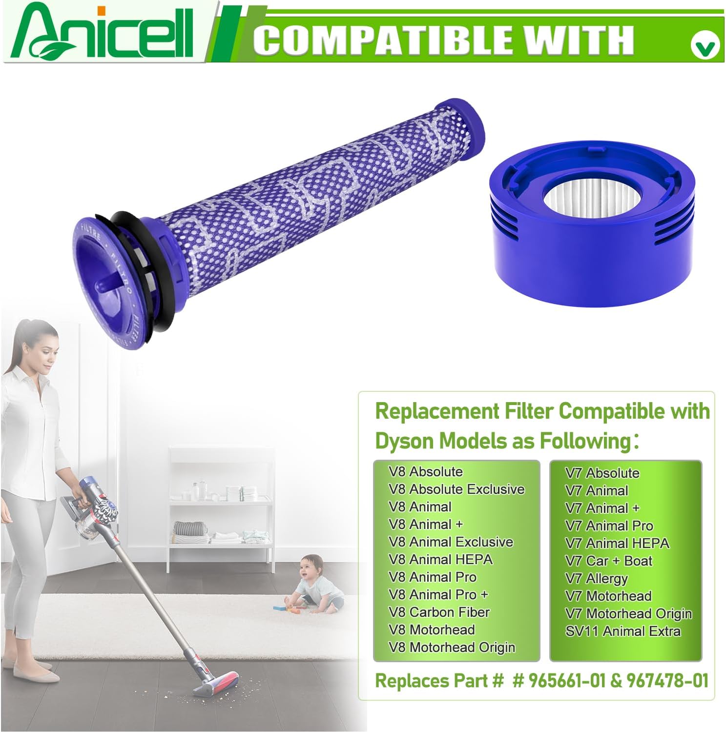 V8 Filter Replacement Compatible with Dyson V7 V8 Animal V8 Absolute V8 Motorhead Origin SV10 V7 Animal V7 Cordless Stick Vacuum, 2 HEPA Post Filters+2 Pre Filters, Part 965661-01 & 967478-01