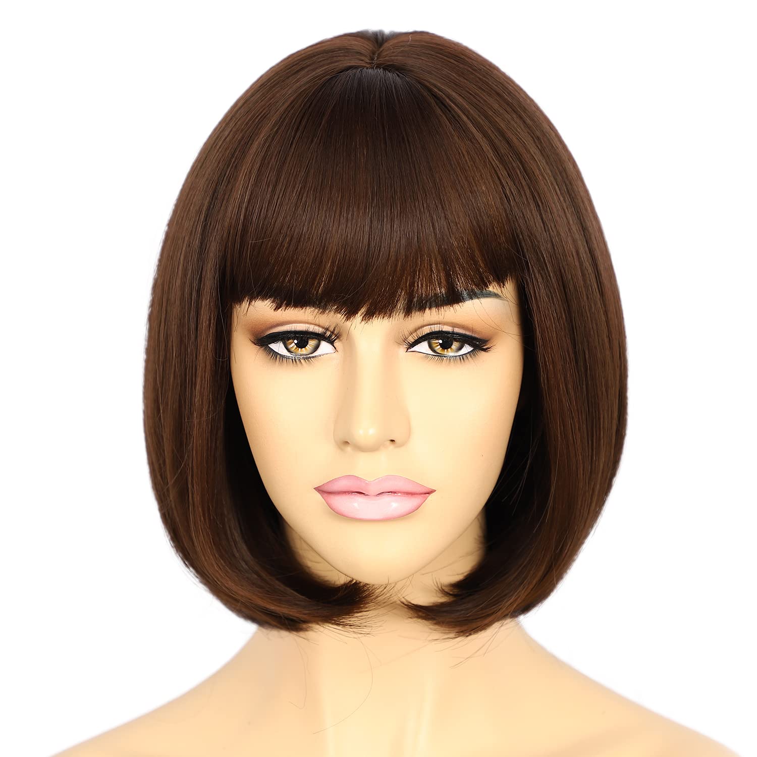 Sapphirewigs Dark Brown Bob Wigs for Women Bangs Short Brown Bob Wig Daily Party Hair Natural Looking 12 inch - Image 2