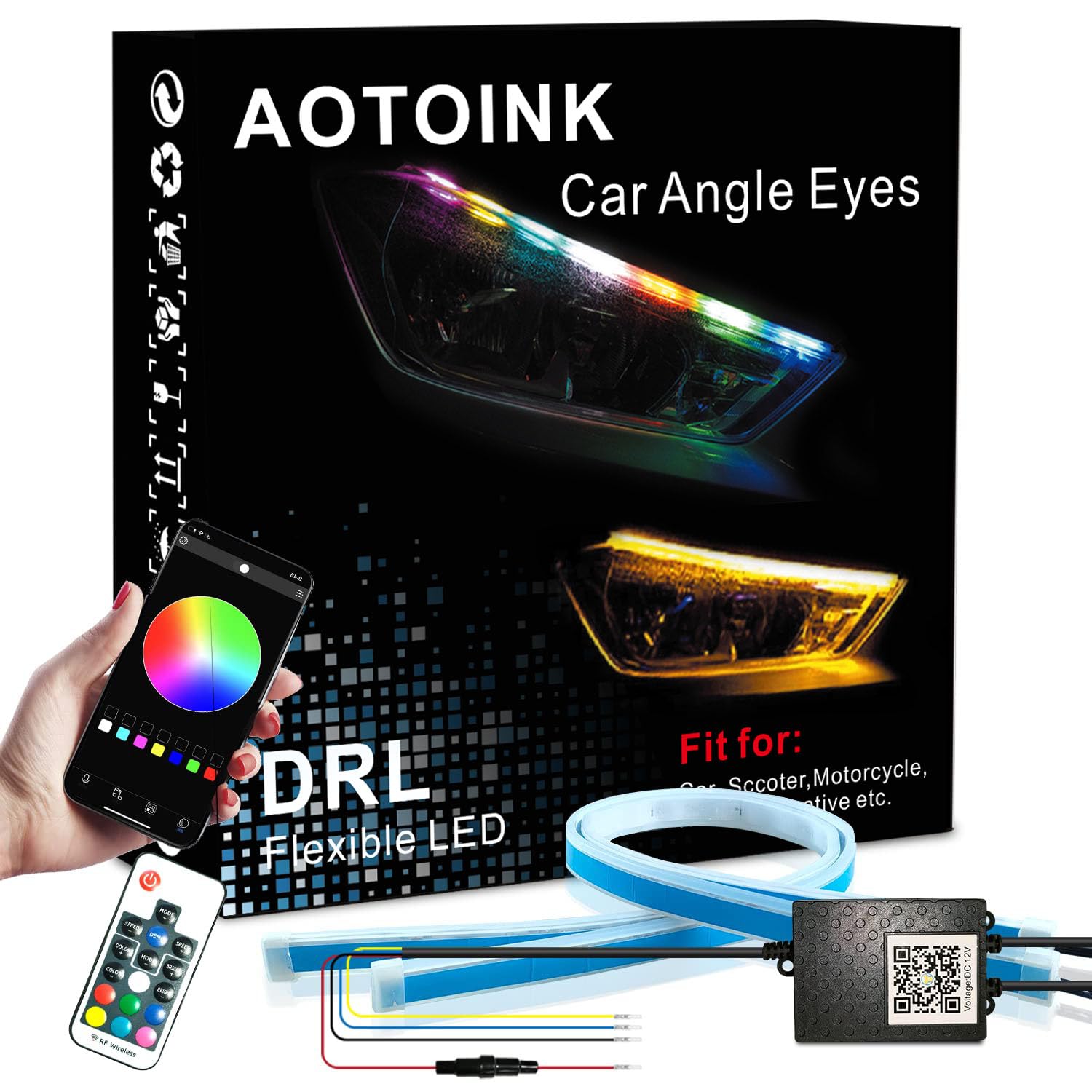 AOTOINK Car Headlight Surface Strip Tube Lights, RGB Multi Color 24 Inch Flexible Waterproof LED Daytime Running Lights Strip Switchback Sequential Turn Signal Lights (APP and RF Control) 2-Pack