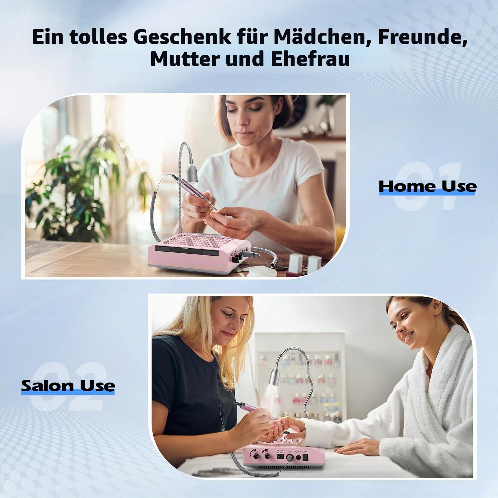 4 in 1 elektrische Nagelbohrer, 30000 U / min professioneller Nagelstaubkollektor 80W leistungsstarkes Vakuum, 6W rotatable LED -Licht niedriges Geräusch mit 3 Dateien für Salon Home Use (Pink)