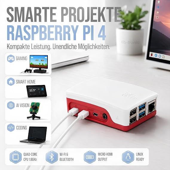db-tronic Raspberry Pi 4 8 GB Starter Set 64 GB Edition Power Supply 15 W Housing Red/White Heatsink Set 4K Micro HDMI Cable Ideal for Smart Home Retro Gaming & Home Assistant