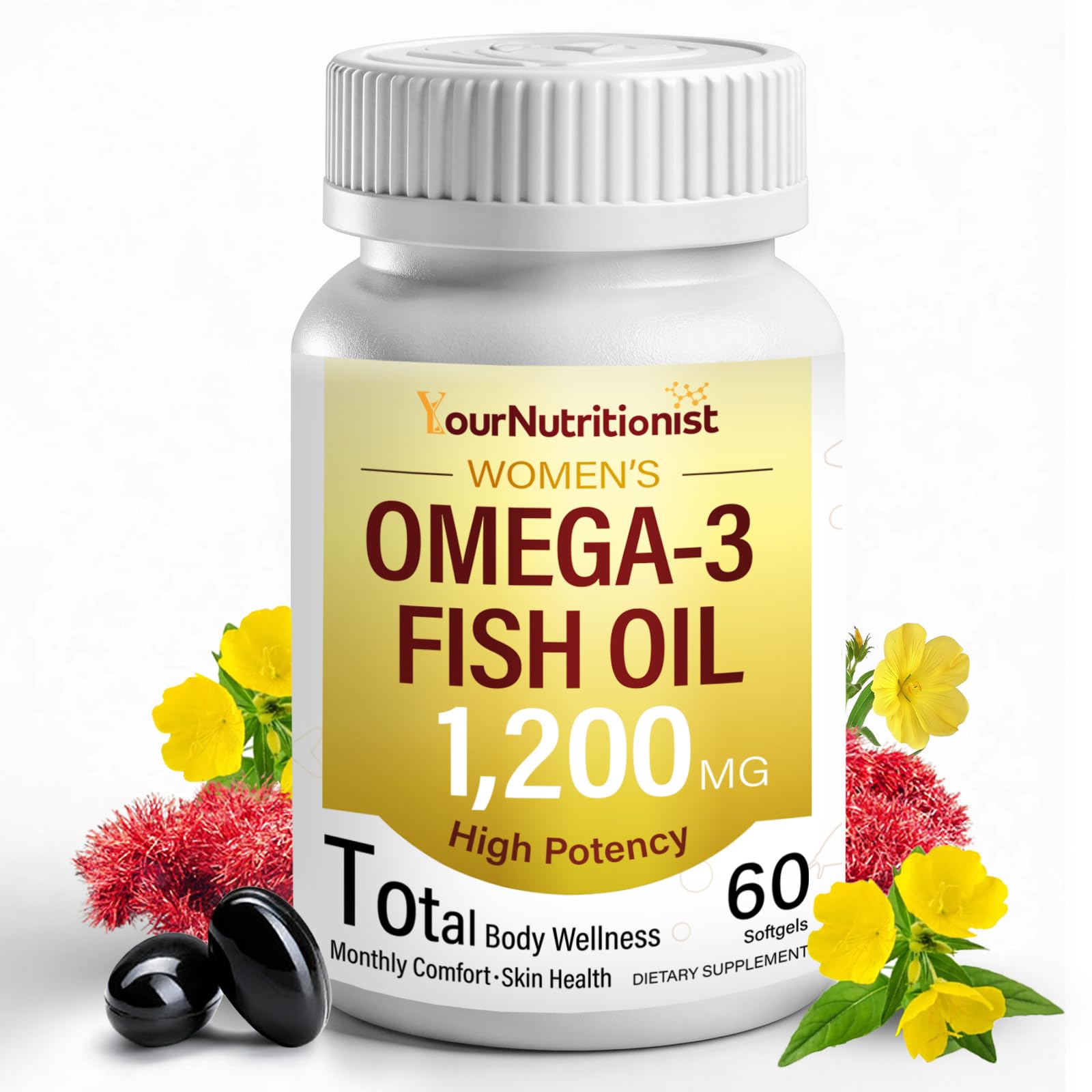 Omega-3 Fish Oil 1200mg, 984mg EPA DHA Supplement for Women, 60 Softgels