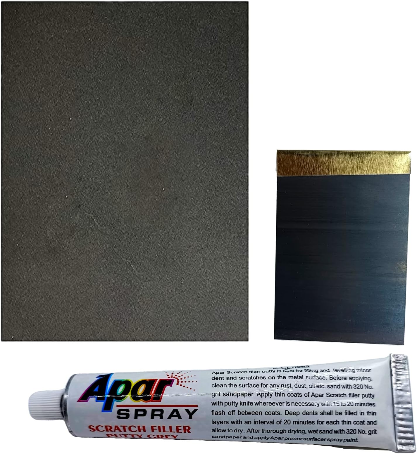 APAR Metal Scratch Filler Putty Tube Grey (50 Gms),1 Putty Knife And 320 Grit Sandpaper To Fill Scratches And Dent On Car, Bike, Etc.