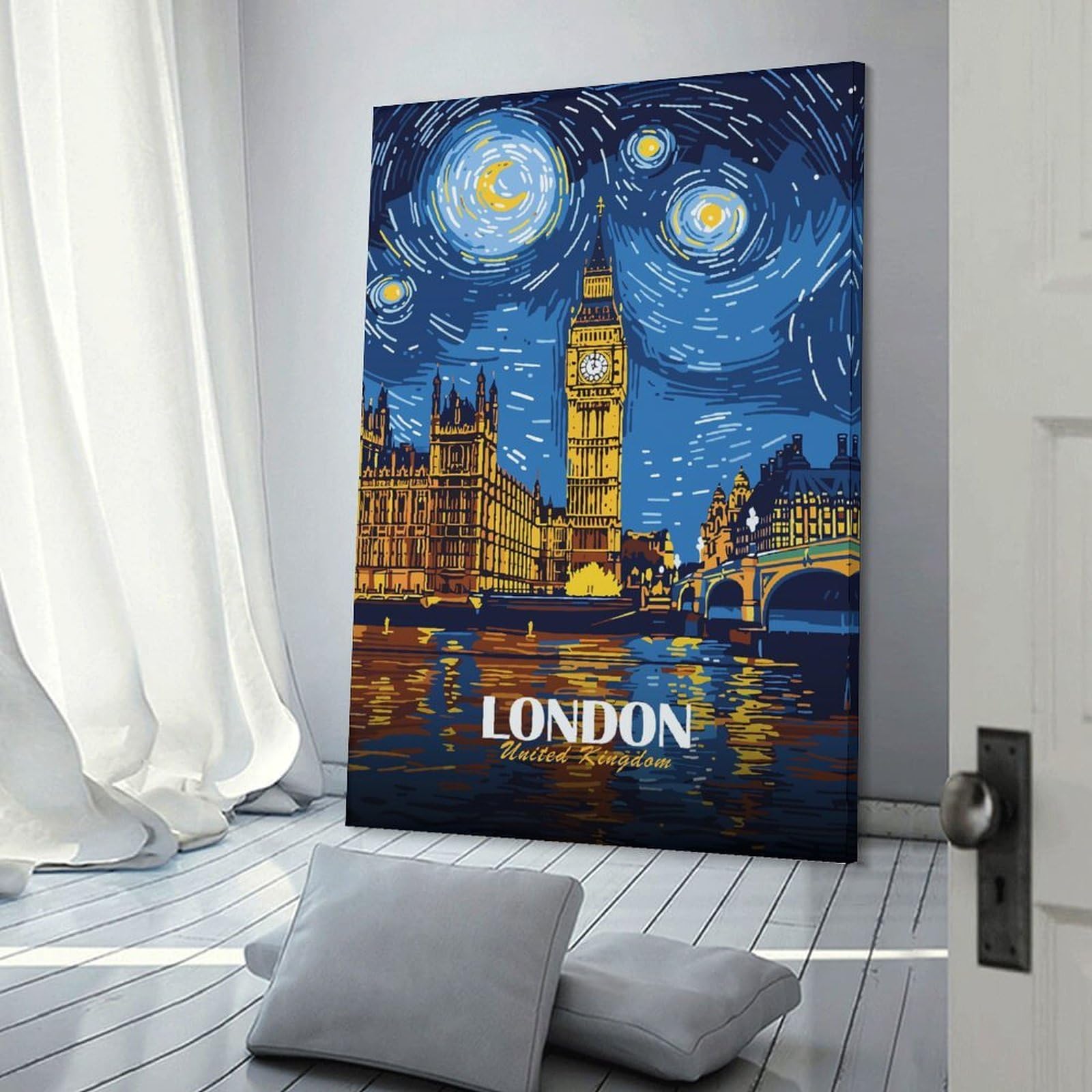 Junmoney Wall Art Print London, United Kingdom Nightscape Art, 08x12inch(20x30cm), for Living Room, Lounge Or Sitting Room, Eye Catching Artwork for Blank Walls