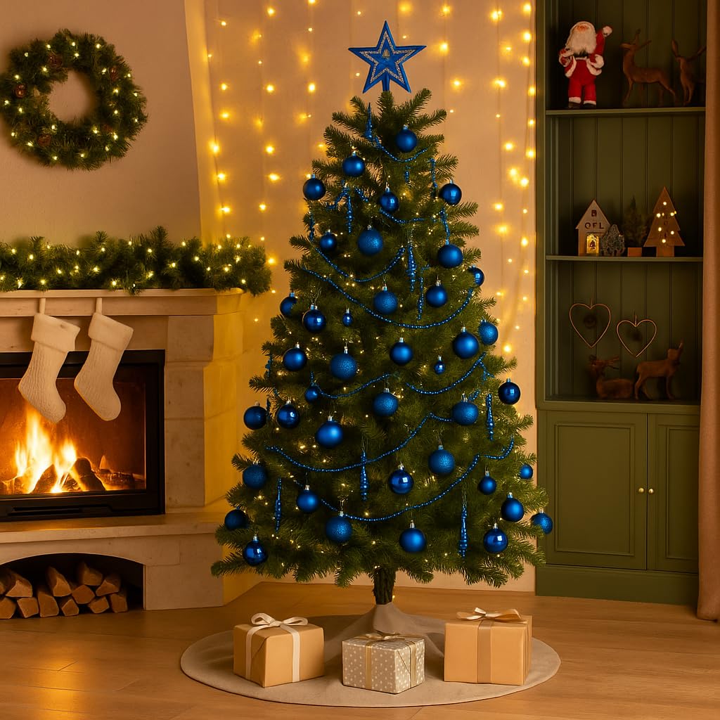 HEITMANN DECO - Addobbi per albero di Natale, colore blu, 45 pezzi, con puntale, palline, catene di perle e ghirlande, in plastica