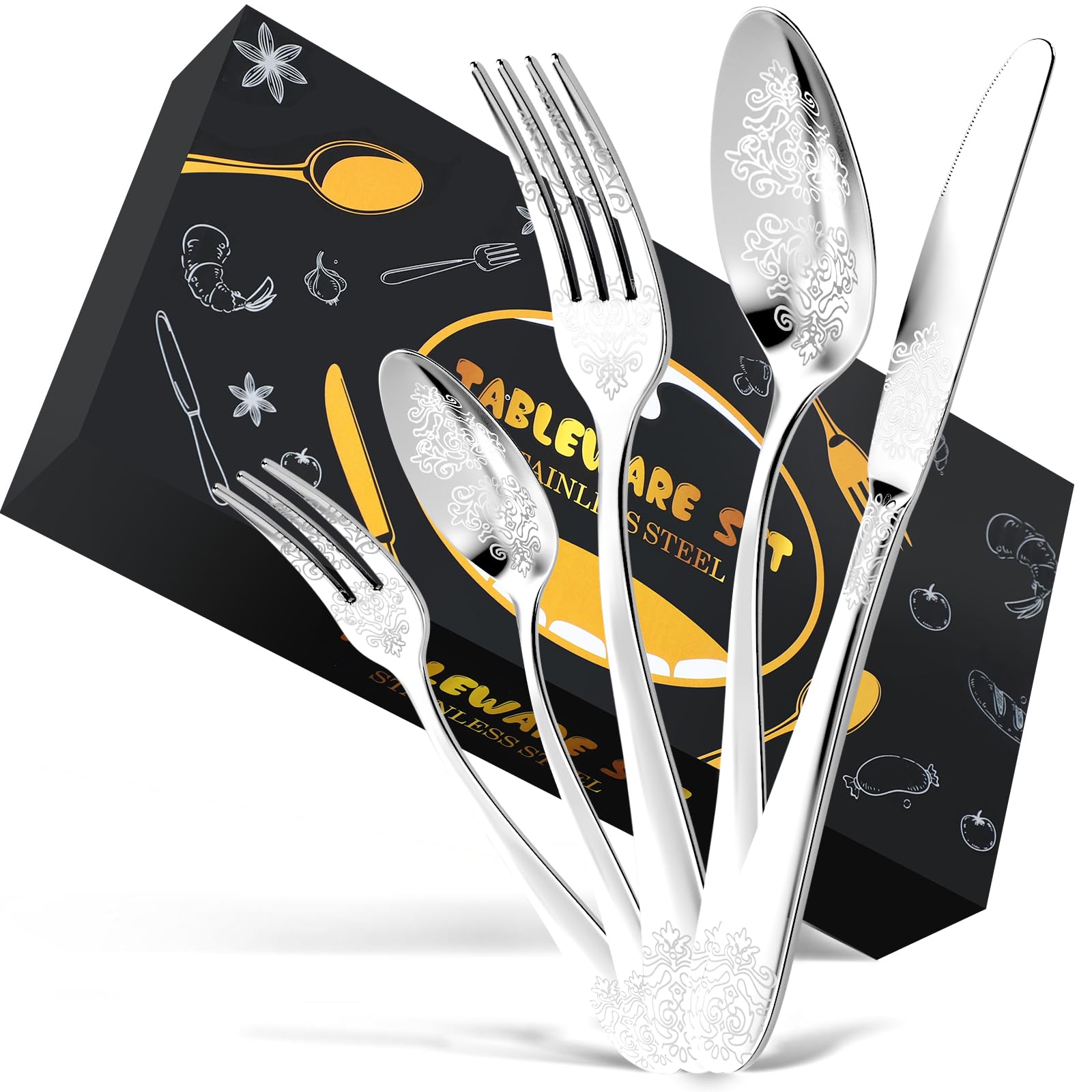 DRAGON RIOT Couvert de Table 12 Personnes - 60 Pieces Set de Couverts en Acier Inoxydable, Menagere Argent avec Couteaux à Manger, Fourchette, Petite Cuillère, Ménagère pour Le Ménage, Restaurant,Fête