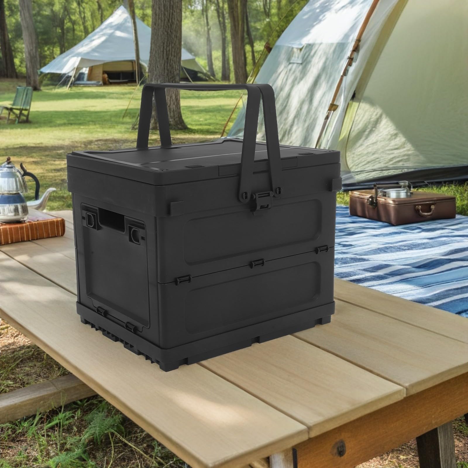 SEWACC Faltbare Aufbewahrungsbox und Griff mit Deckel für Kofferraum | Schwarzer Kunststoff, Platzsparende Struktur, Kleine Tischfunktion, für Outdoor Aktivitäten und Auto