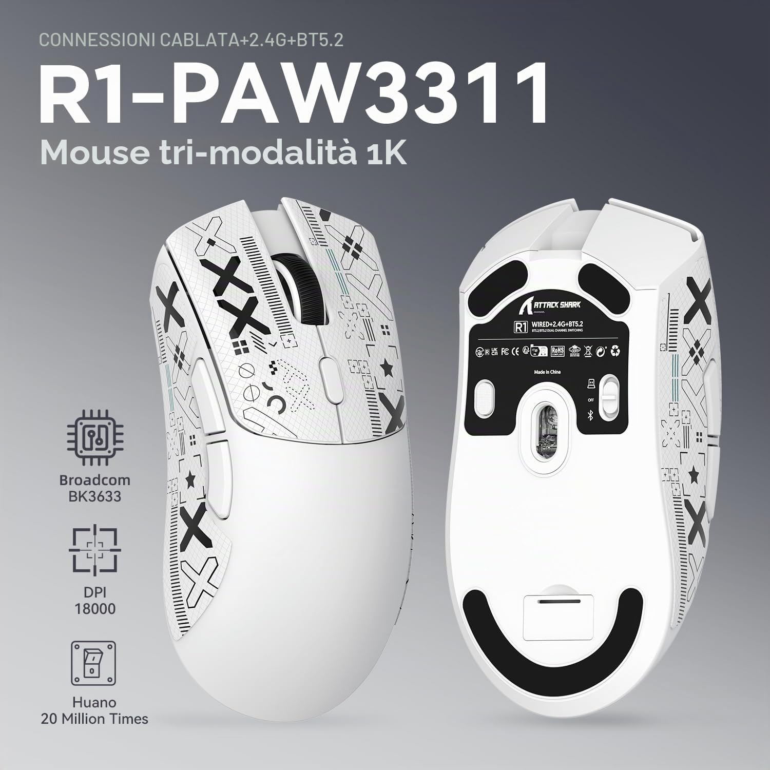 ATTACK SHARK Mouse R1 59g SUPERLIGHT con nastro adesivo, sensore da gioco PixArt PAW3311, mouse da gioco wireless/cablato BT/2.4G, 6 DPI regolabili fino a 18000, batteria da 65 ore (Bianco)