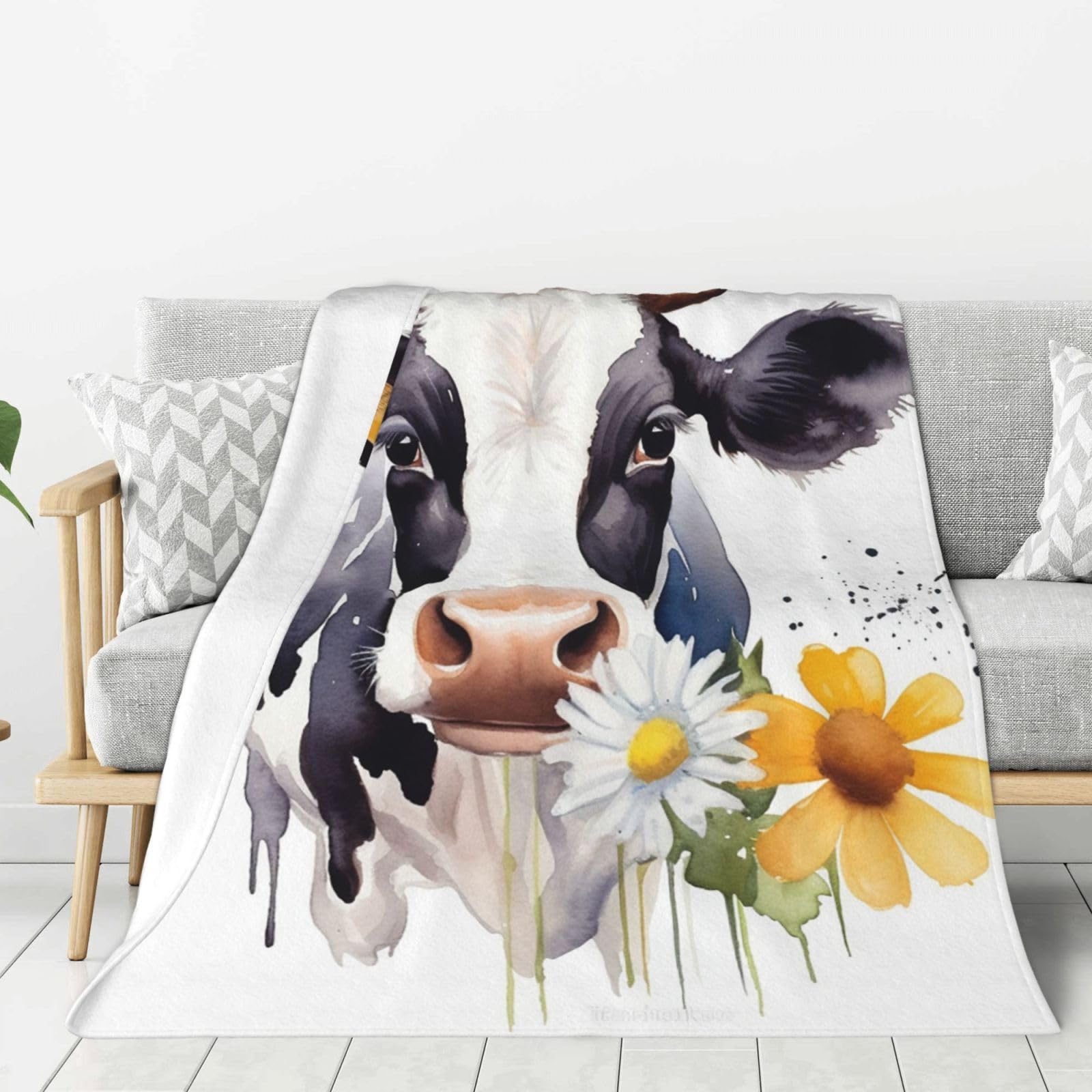 Watercolor Cow and Daisy Flower Throw Blanket Plush Flannel Fleece Blanket, Soft Lightweight Cozy Blankets 40"X30" for Bed Couch Sofa Travel