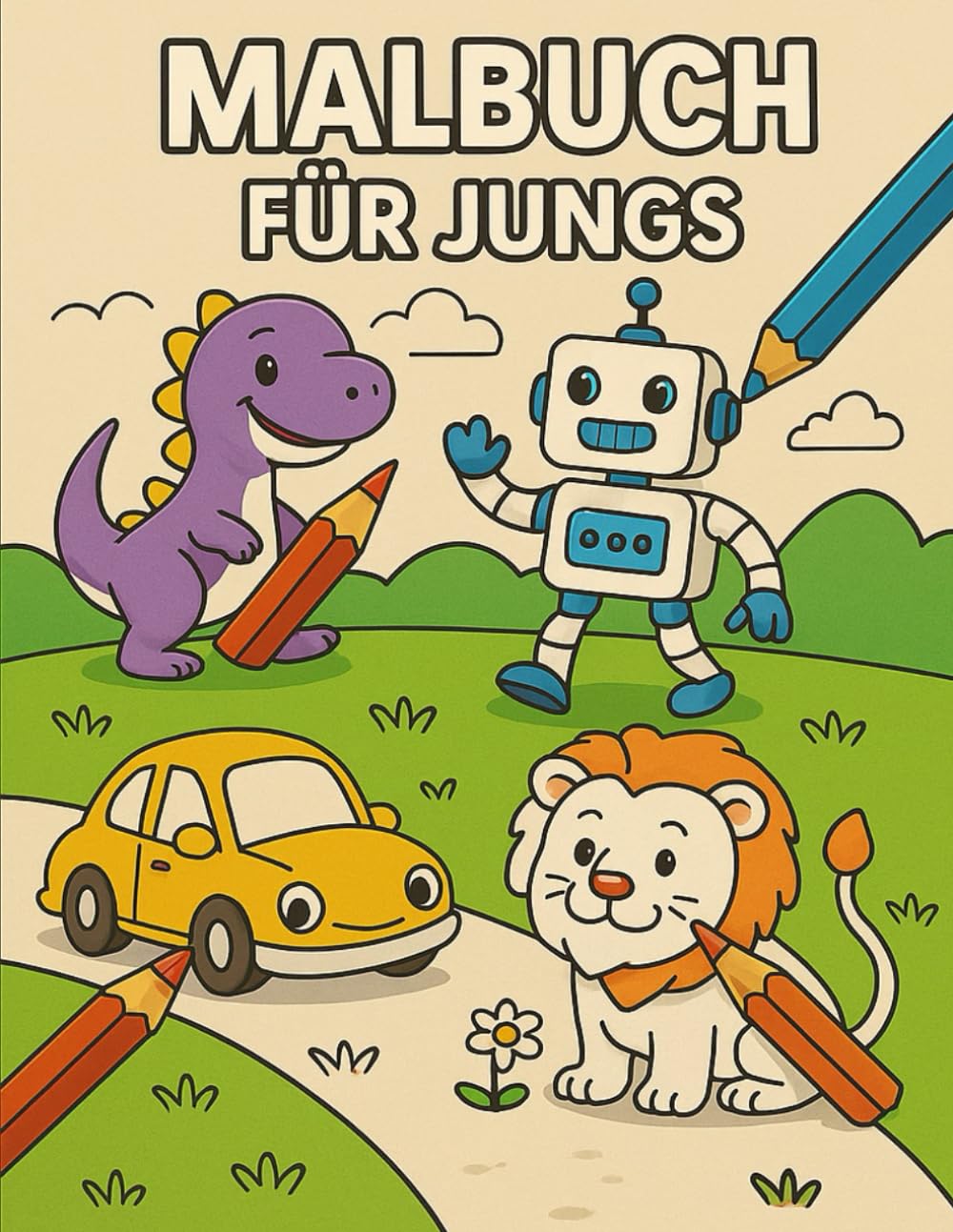 Malbuch für Kinder – Dino, Auto, Roboter & Löwe: Süße Ausmalbilder für Jungen und Mädchen von 3–8 Jahren