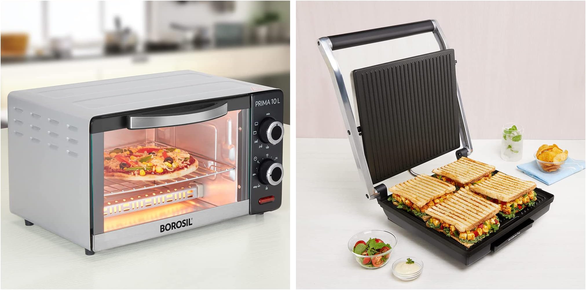 Borosil Super Jumbo BGRILLSS23 2000-Watt Grill Sandwich Maker (Black) & Borosil Prima 10 L OTG, with 3 Cooking Modes, 1000 W, Silver