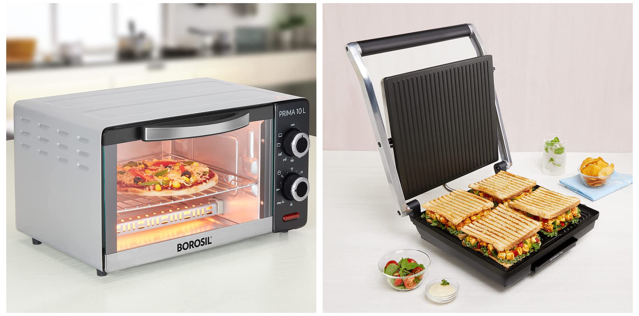 Borosil Super Jumbo BGRILLSS23 2000-Watt Grill Sandwich Maker (Black) & Borosil Prima 10 L OTG, with 3 Cooking Modes, 1000 W, Silver