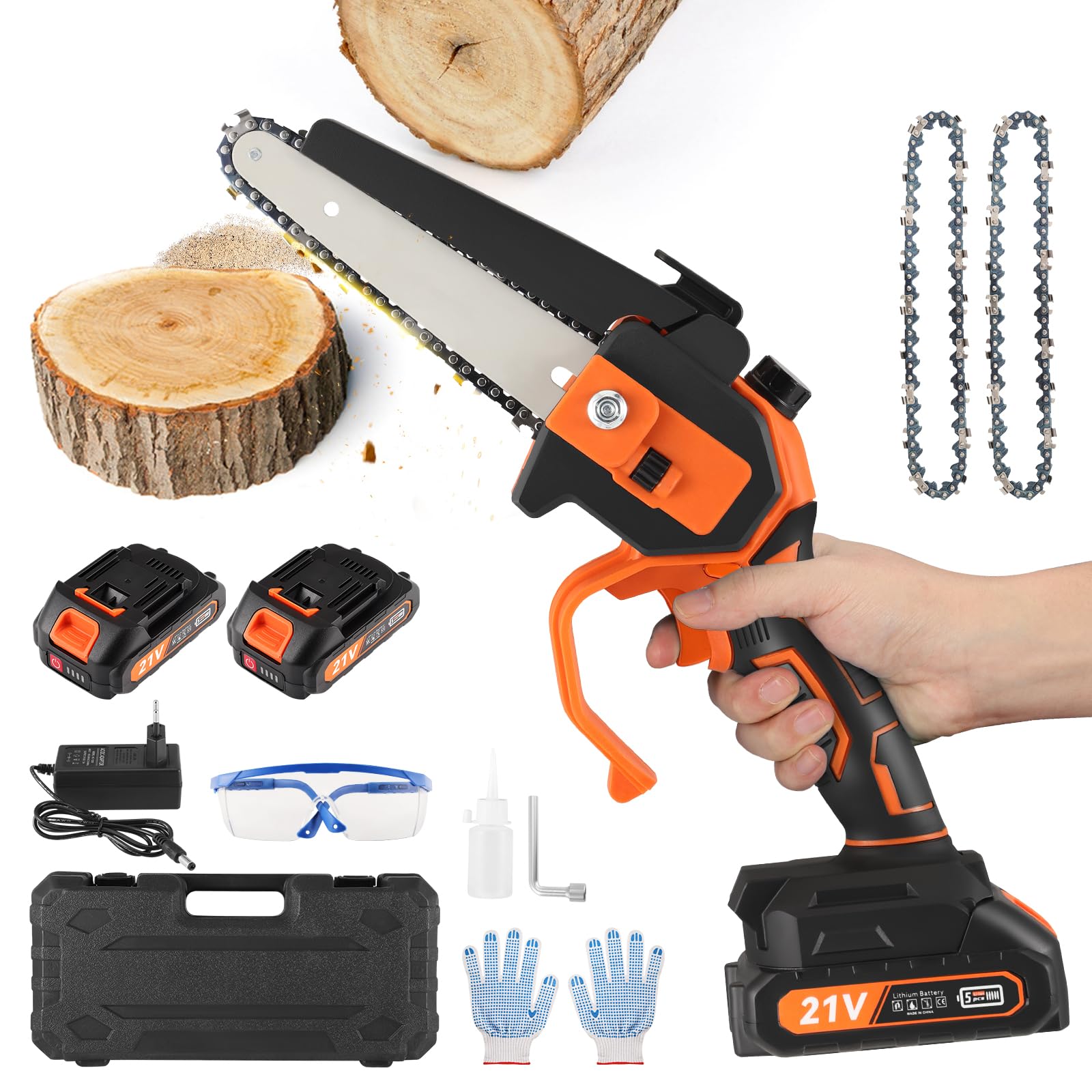 Mini Motosega A Batteria 6 Pollici 600W, 2023 - Kit Con 2 Batterie E 2 Catene