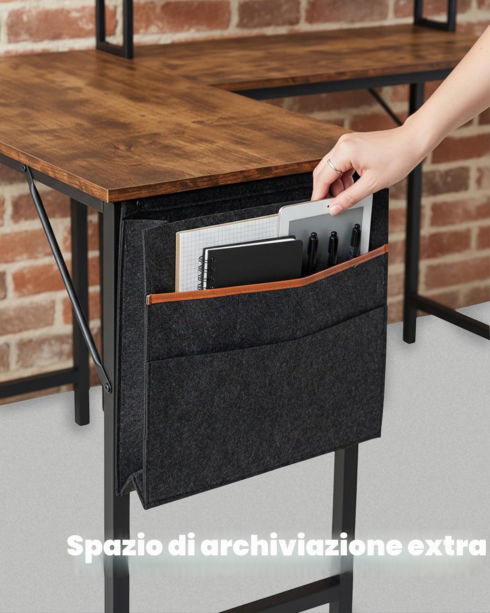 Scrivania angolare reversibile a forma di L, scrivania per computer con supporto per monitor e tasca laterale, tavolo da ufficio salvaspazio per casa e piccoli spazi, tavolo con vano